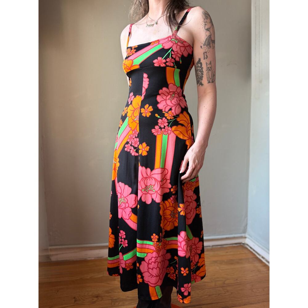Vintage 60s Floral Maxi Dress | Mod Psychedelic Black Pink Orange Sundress | S - Picture 8 of 10